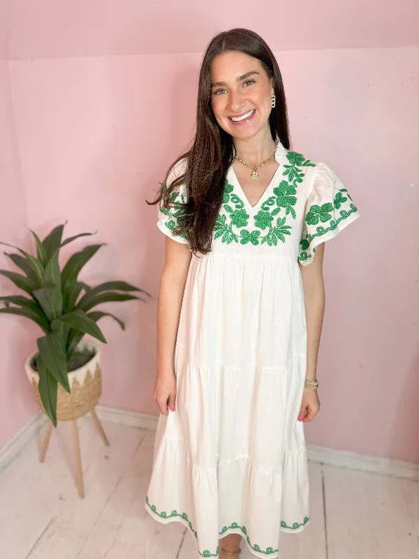Trendy Casual Outfits (THML) The William Embroidered Midi Dress-White
