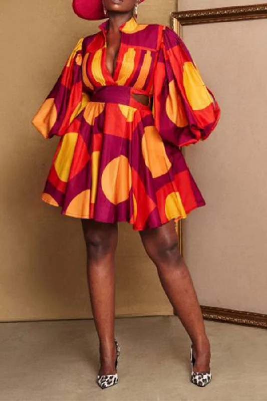 Comfortable Casual Wear Graphic Print Puff Sleeve Dramatic A-Line Mini Dress