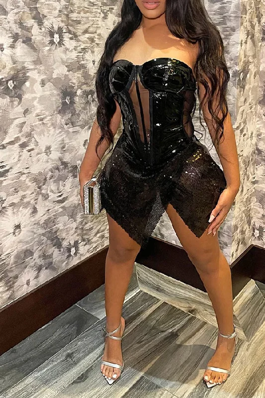 Sales For Clothes Metallic Patchwork Sequined Chic Irregular Mini Dress