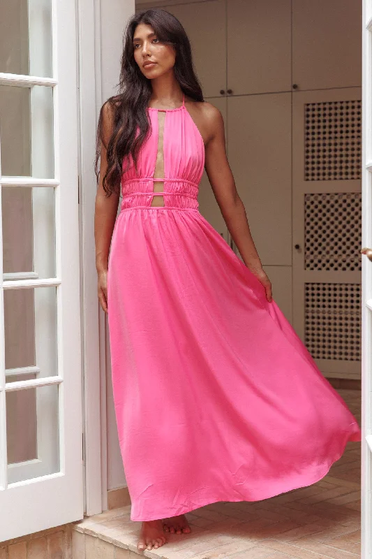 Weekend Sale Cyndi Open Back Halterneck Maxi Dress Hot Pink