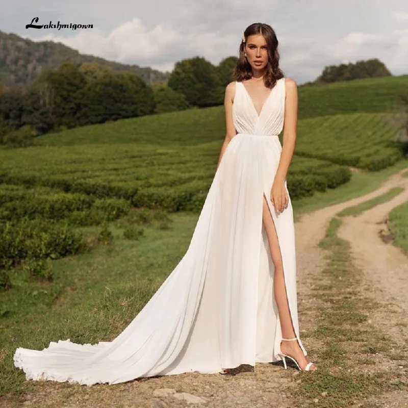 Everyday Fashion Roycebridal Sleeveless V Neck Chiffon High Split Pleats Wedding Dresses