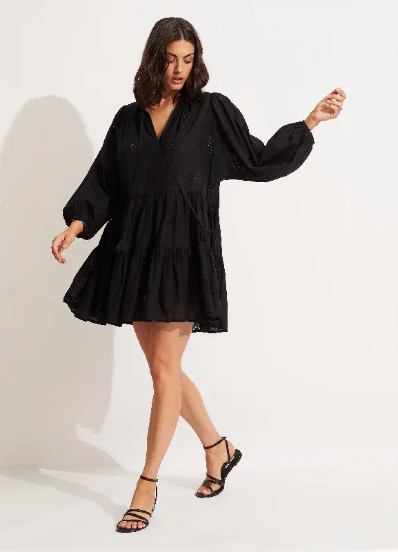 Fashionable Women's Clothes Embroidery Tiered Dress - Black