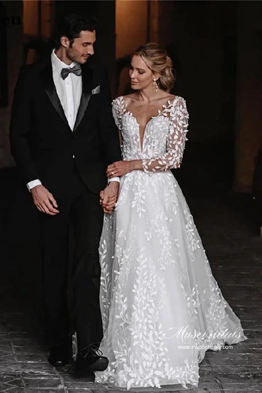Sale On Sale Roycebridal Leaves Lace Tulle Long Sleeves Boho Wedding Dresses, Bridal Gown, MW962 Sale On Sale Roycebridal Leaves Lace Tulle Long Sleeves Boho Wedding Dresses, Bridal Gown, MW962