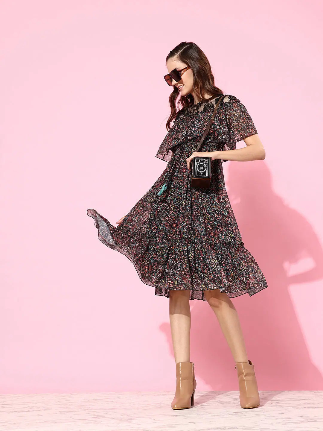 Casual Chic Clothing Alive In The Fall Time Ruffled Midi Dress Multicolored-Base-Black