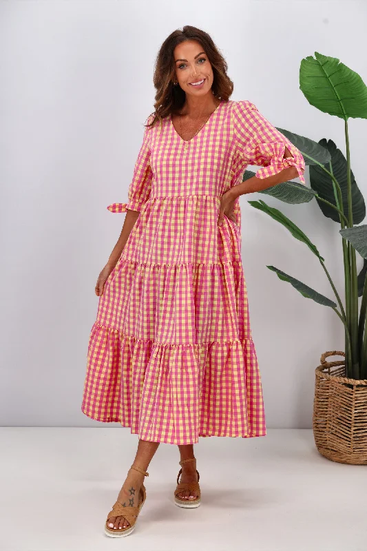 Budget Saver Silver Wishes Gingham Tier Midi Dress Hot Pink Yellow