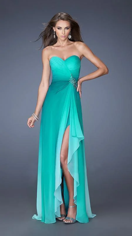 Women's Online Clothing Boutique La Femme Strapless Ruched Surplice High Slit Gown