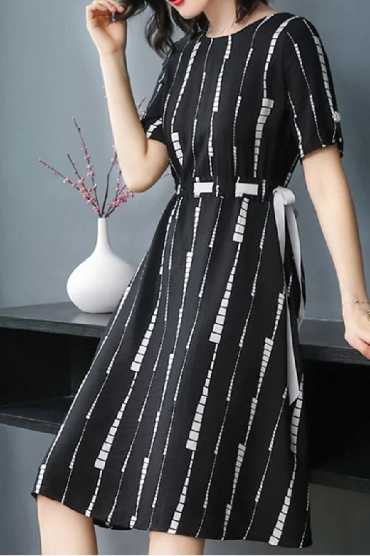 New Arrival Discounts Short Sleeve Waist Drawstring O-neck Midi Dress