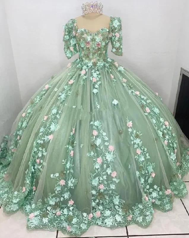 Stylish Savings Vestido Verde Sage Princess Quinceanera Dresses with Sleeves Floral 3D Applique Leave vestidos de 15 años Prom Lace Up