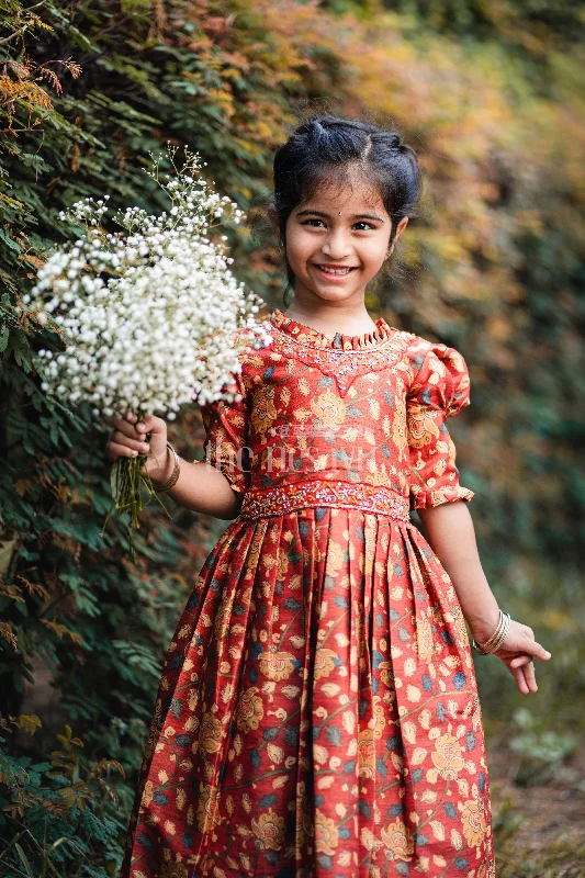Chic And Comfortable Girls Rustic Autumn Kalamkari Print Anarkali Dress with Embellished Accents Chic And Comfortable Girls Rustic Autumn Kalamkari Print Anarkali Dress with Embellished Accents