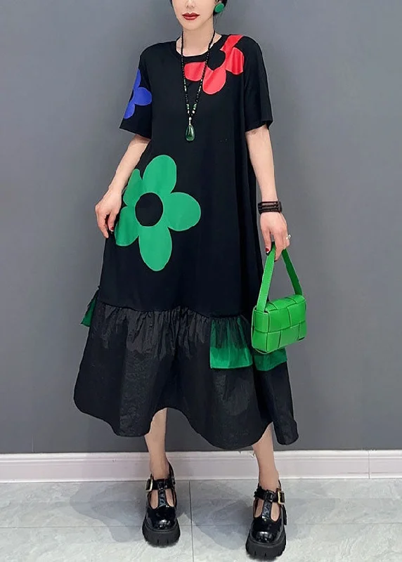 End of Season Sale Unique Black O Neck Floral Wrinkled Patchwork Cotton Dress Summer End of Season Sale Unique Black O Neck Floral Wrinkled Patchwork Cotton Dress Summer