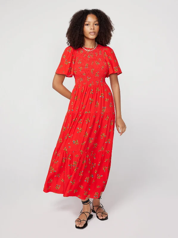 Luxury Fashion Bridget Red Rosebud Shirred Maxi Dress