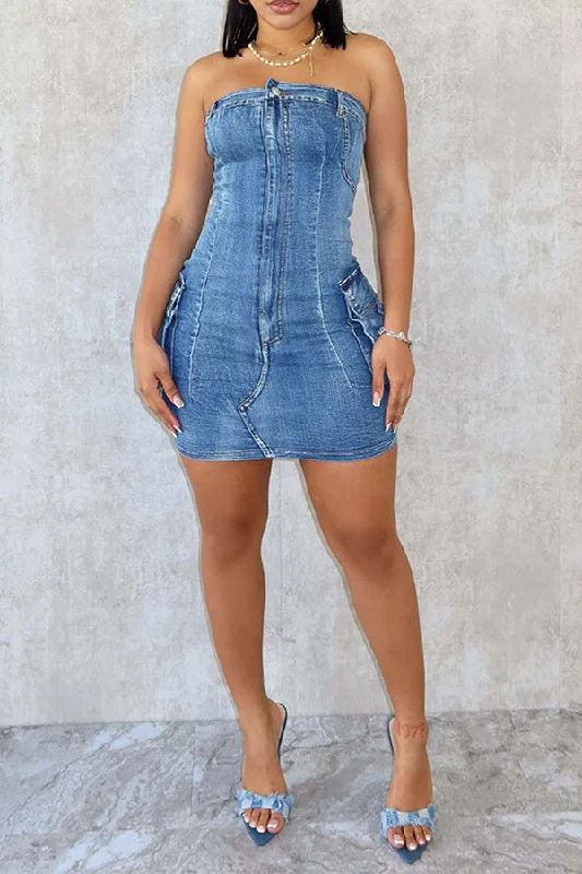 Additional Time-Limited Offers Washed Denim Strapless Classic Patch Pocket Mini Dress