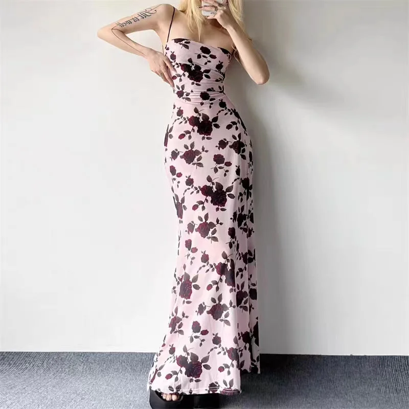 Casual Chic Pink Floral Backless Slip Dress