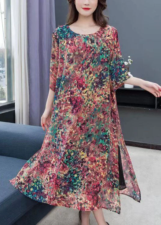 Bundle Offer Boho Floral O Neck Print Side Open Patchwork Chiffon Dress Summer