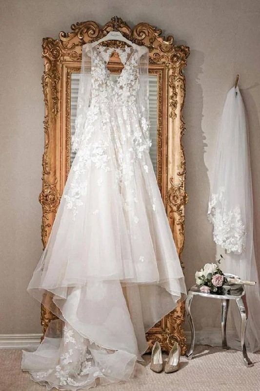 Women's Clothing Sale Online Roycebridal Ivory Tulle A-line V-neck Long Sleeves Court Train Wedding Dresses, MW971