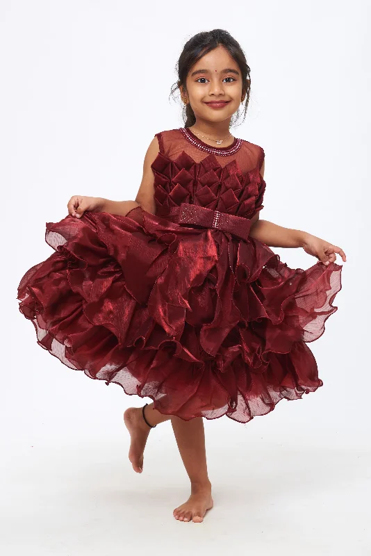 High End Women's Wear Royal Radiance: Girls Maroon Ruffled Dress with Sparkling Waistband