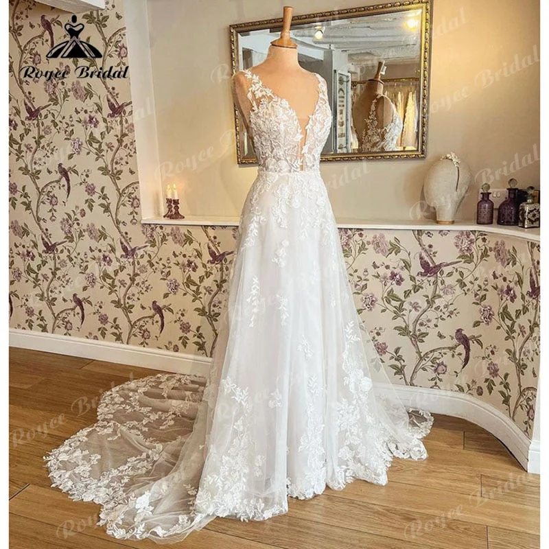 Redefining Women's Fashion Robe Mariage A Line Tank Wedding Dress Deep V Neck Lace Floral Appliqued Bridal Gown Wedding Gown Vestidos de Noiva Elegant Redefining Women's Fashion Robe Mariage A Line Tank Wedding Dress Deep V Neck Lace Floral Appliqued Bridal Gown Wedding Gown Vestidos de Noiva Elegant