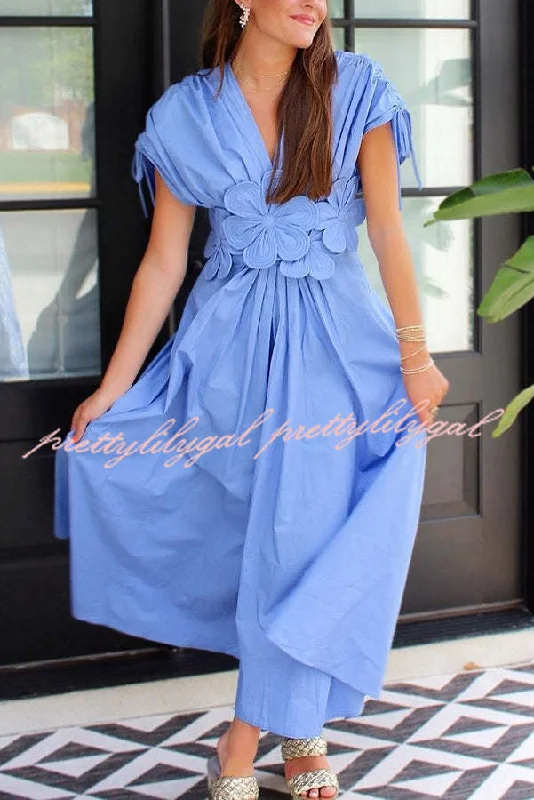 Stylish Savings Alma Floral Applique Ruched Wide Sleeve Elastic Waist Loose Midi Dress