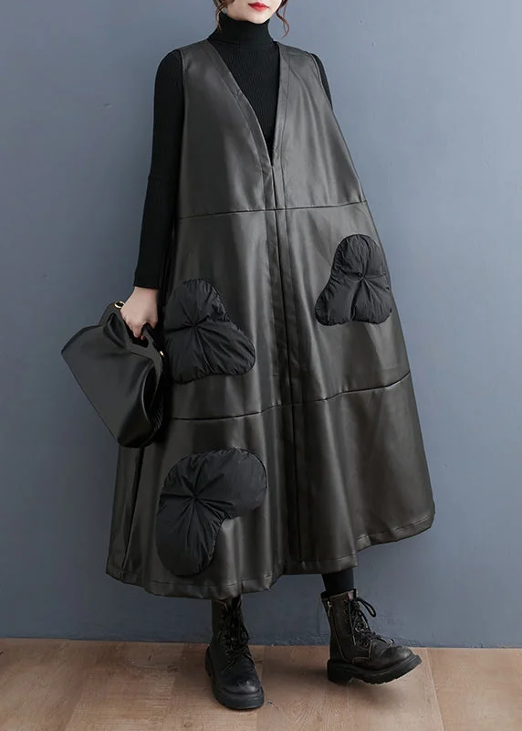 Boutique Dress Online Plus Size Black V Neck Stereoscopic Floral Faux Leather Long Dress Winter Boutique Dress Online Plus Size Black V Neck Stereoscopic Floral Faux Leather Long Dress Winter