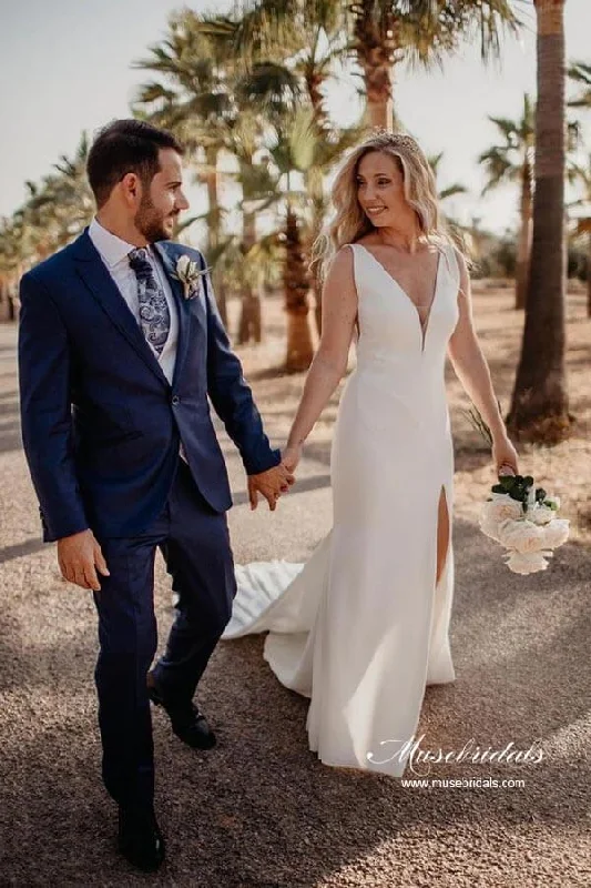 Contemporary Women’s Clothing Roycebridal Simple Satin Sheath V-neck Wedding Dresses With Buttons, Bridal Gown, MW930 Contemporary Women’s Clothing Roycebridal Simple Satin Sheath V-neck Wedding Dresses With Buttons, Bridal Gown, MW930