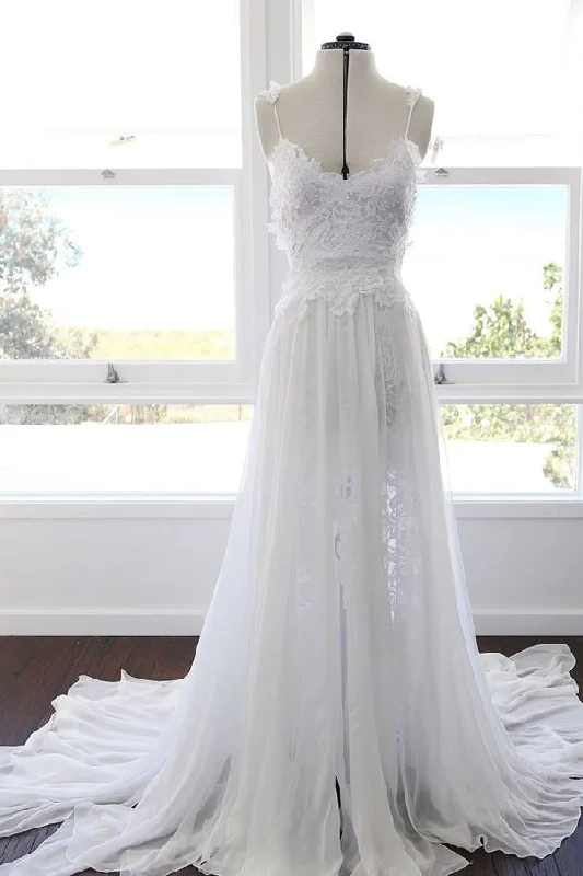 New Arrival Discount Roycebridal Sweetheart White Chiffon Spaghetti Strap Lace Beach Wedding Dresses,MW498