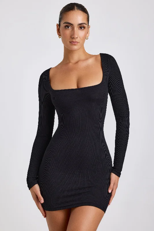 Style Upgrade Ribbed Modal Long Sleeve Mini Dress in Black