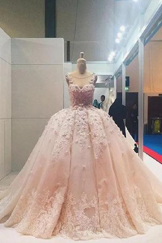 Luxe Women's Fashion Roycebridal Pink Lace Beaded Ball Gown Applique Wedding Dresses Quinceanera Dress, MW204