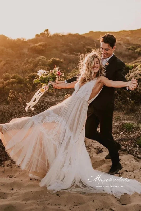 Luxury Women’s Clothing Roycebridal Stunning Tulle A-line V-neck Beach Wedding Dresses With Lace Appliques, MW992 Luxury Women’s Clothing Roycebridal Stunning Tulle A-line V-neck Beach Wedding Dresses With Lace Appliques, MW992