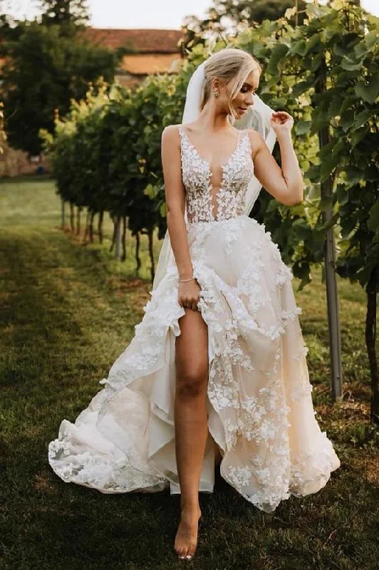 Women's Fashion Clothing Roycebridal Tulle Lace Appliques A-line V-neck Wedding Dresses With Sweep Train, MW898 Women's Fashion Clothing Roycebridal Tulle Lace Appliques A-line V-neck Wedding Dresses With Sweep Train, MW898