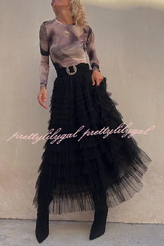 Laid-Back Elegance Be Your Own City Queen Tiered Elastic Waist Tulle Maxi Skirt
