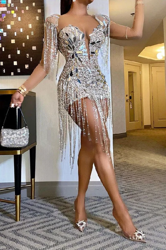 Clothes Women Sequin & Crystal Glitter Feminine Tassel Mini Dress