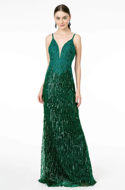 Clothing Sales GLS by Gloria - GL1824 Plunging Sequin Fringed Sheath Gown