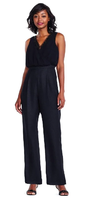 Athleisure Wear Adrianna Papell - AP1E203142 Beaded V-neck Chiffon Jumpsuit