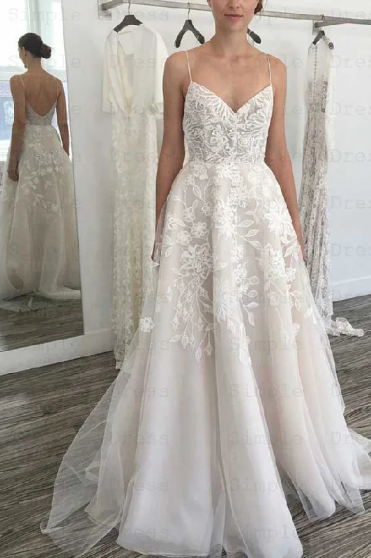 Exclusive Sale Roycebridal Simple Sweetheart Spaghetti Straps Ivory Wedding Dresses with Lace,Appliques with Wedding Gowns,MW415