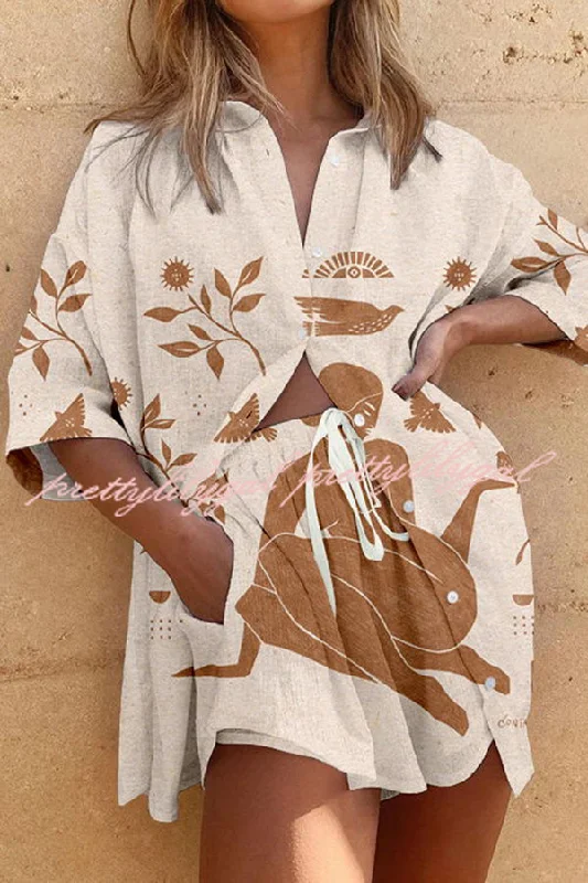 Mega Sales Retro Exotic Print Pocket Button Lace Up Shorts Set