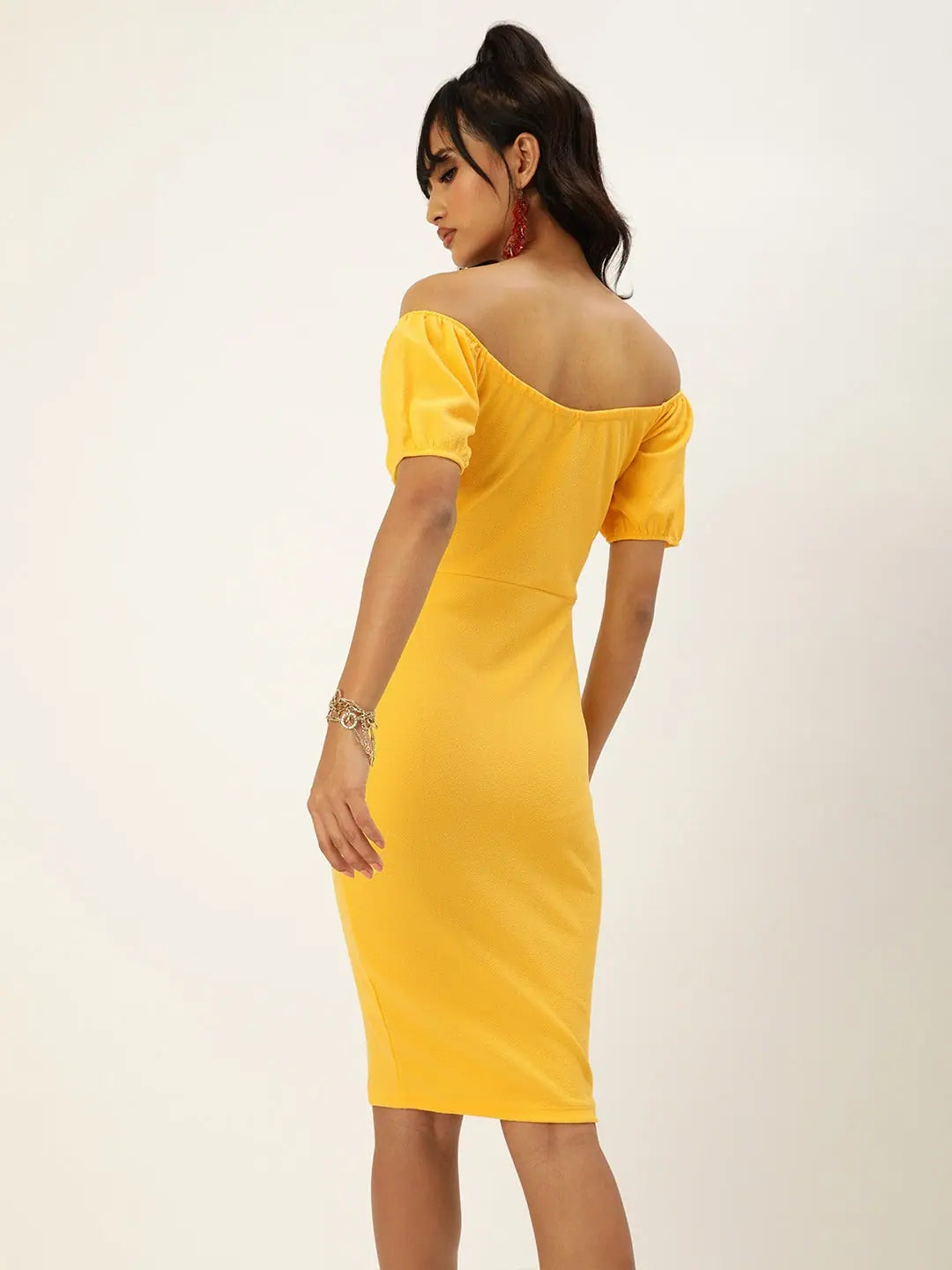 Outfits For Women Veni Vidi Vici Yellow Sweetheart Neck Bardot Midi Dress