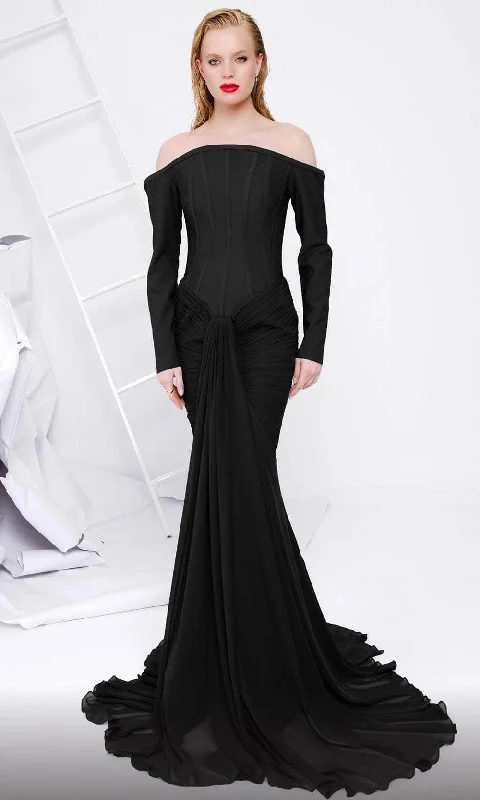 High Street Women’s Fashion for Trendy Shoppers MNM Couture B1112 - Long Sleeve Corset Evening Gown