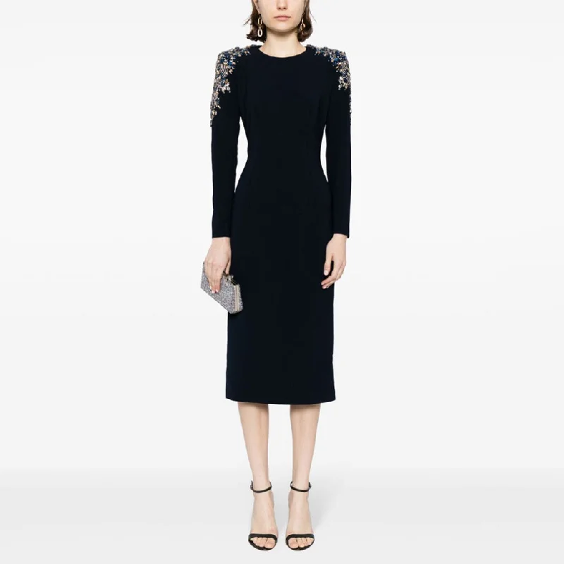 Casual Women’s Clothing Sparkly Crystal Embellished Padded Shoulder Long Sleeve Crepe Midi Dress Casual Women’s Clothing Sparkly Crystal Embellished Padded Shoulder Long Sleeve Crepe Midi Dress
