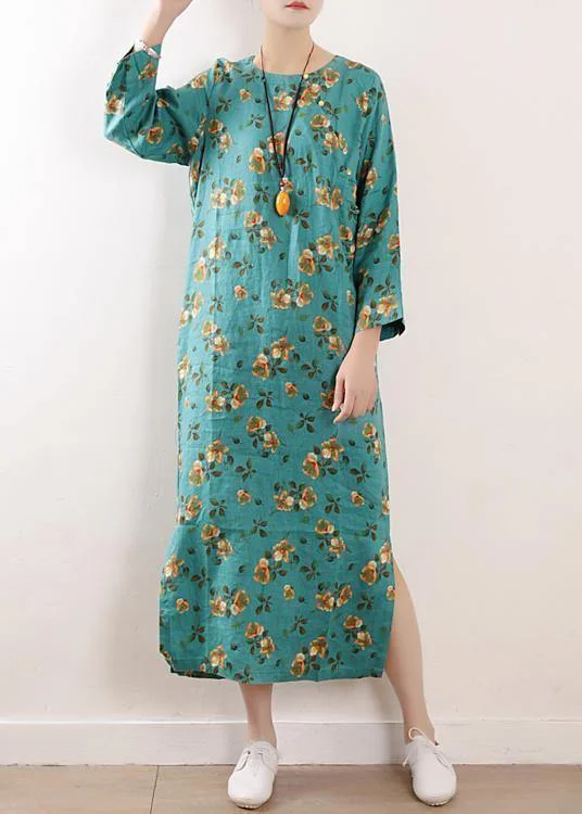 Casual Women’s Clothing Women side open linen clothes For Women Shape blue floral Dress summer Casual Women’s Clothing Women side open linen clothes For Women Shape blue floral Dress summer