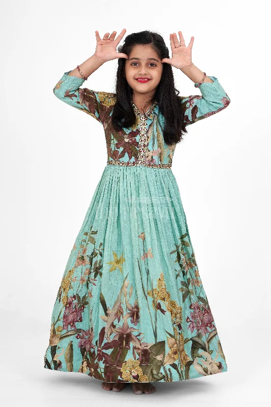 Exclusive Online Sale Girls Blue Chinon Tissue Party Gown with Digital Printed Design Diwali Traditional Dress Exclusive Online Sale Girls Blue Chinon Tissue Party Gown with Digital Printed Design Diwali Traditional Dress