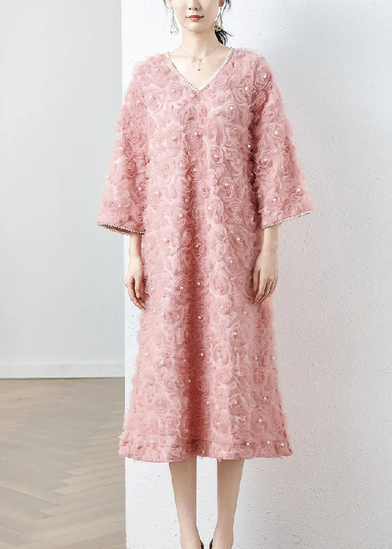 Festival Fashion Stylish Pink V Neck Nail Bead Patchwork Tulle Floral Dresses Fall