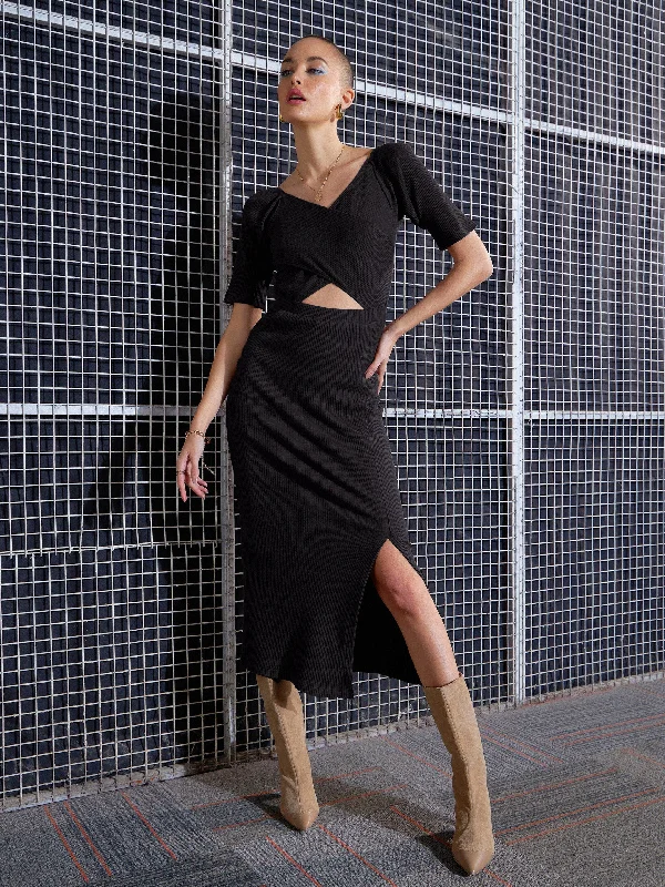 Exclusive Discount Women Black Side Slit V-Neck Rib Maxi Dress