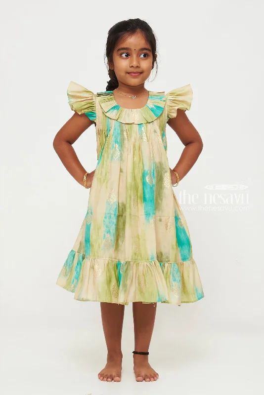 Women Apparel Teal and Green Designer Printed Chanderi Pleated Frock for Girls