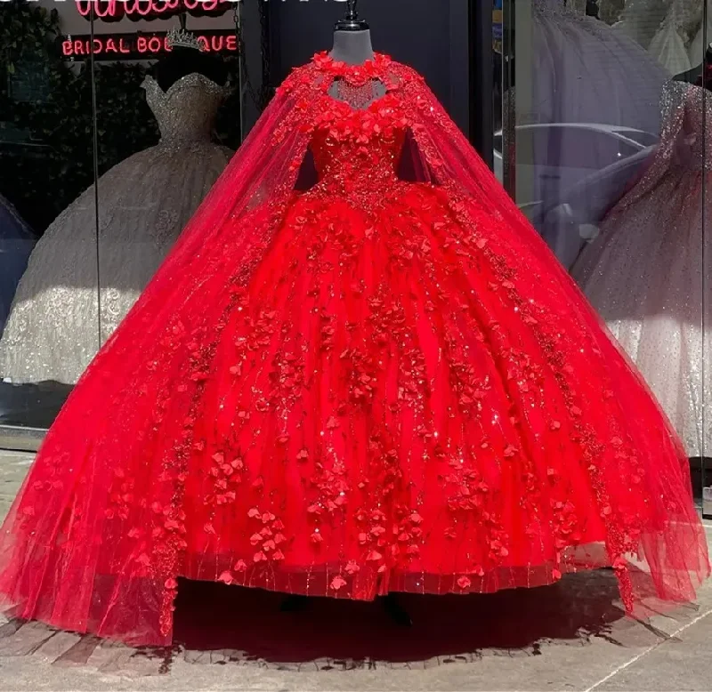 Big Savings Stuning Red Quinceanera Dresses 3D Floral Girl Birthday Party Prom Gowns Vestidos De 15 Sweet 16 Robe Vestido De Noche