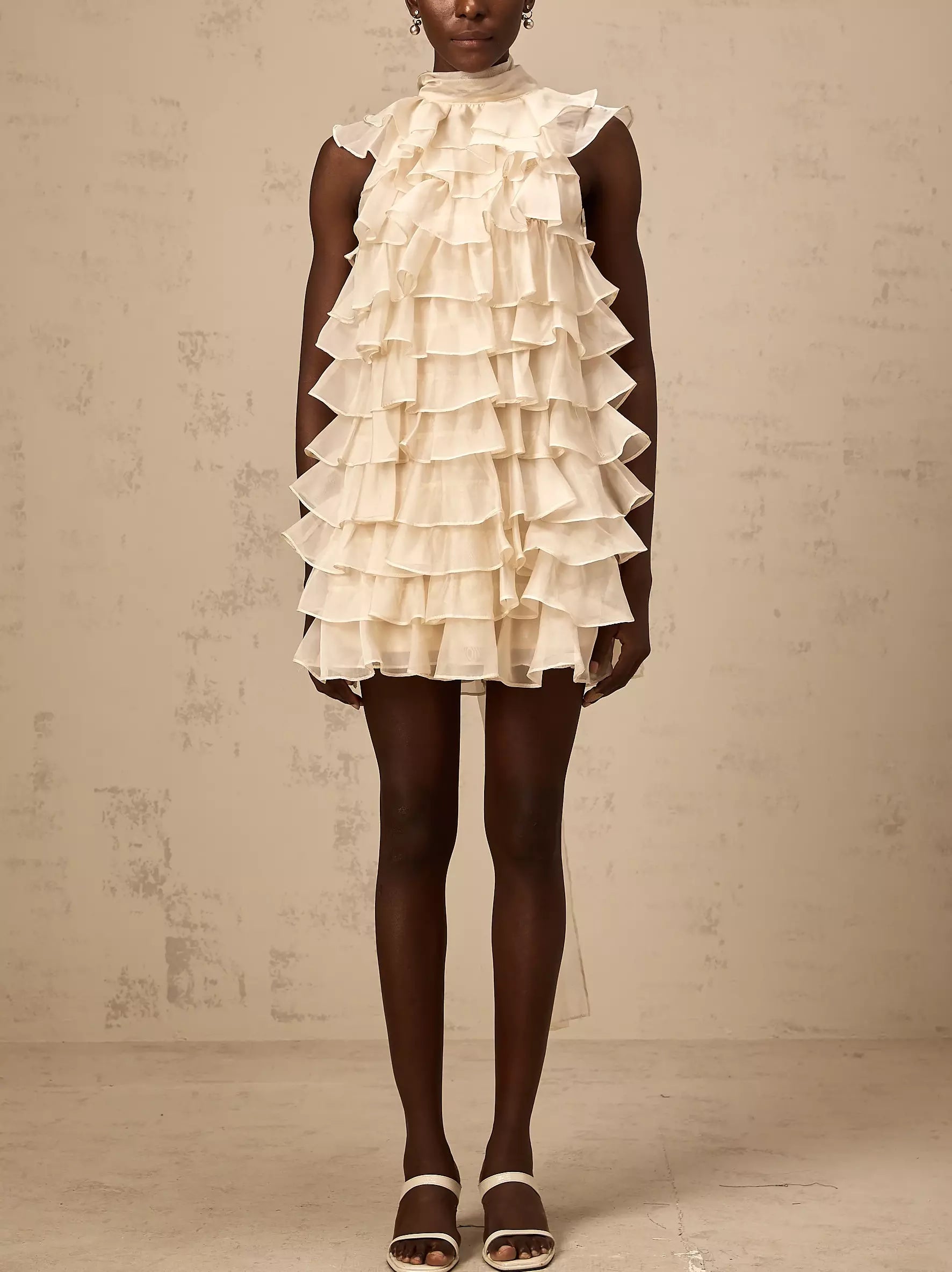 Must-Have Styles Tie-Neck Tiered Organza Ruffle Mini Dress in Light Beige