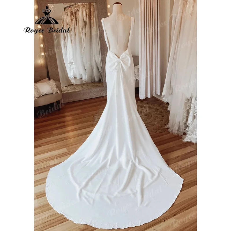Daily Essentials Simple Scoop Neckline Soft Satin Mermaid Open Back Wedding Dress with Bow Bridal Gowns Sleeveless sukienka na wesele Roycebridal Daily Essentials Simple Scoop Neckline Soft Satin Mermaid Open Back Wedding Dress with Bow Bridal Gowns Sleeveless sukienka na wesele Roycebridal