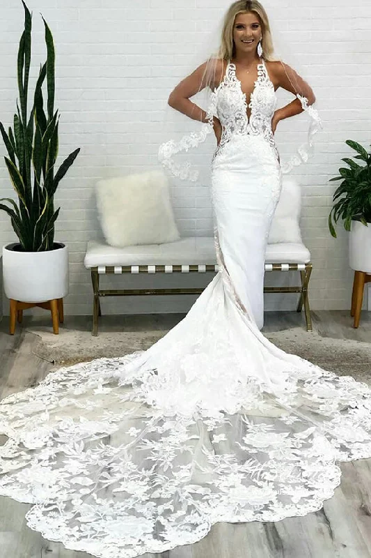 Extreme Clearance Deals Roycebridal Gorgeous Tulle Mermaid Deep V Neck Backless Lace Wedding Dresses, MW974 Extreme Clearance Deals Roycebridal Gorgeous Tulle Mermaid Deep V Neck Backless Lace Wedding Dresses, MW974