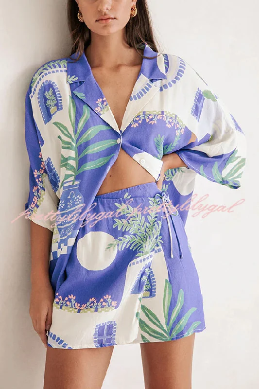 Elegant Fashion Balmy Summer Nights Unique Print Loose Shirt and Elastic Waist Wrap Lace-up Skirt Set Elegant Fashion Balmy Summer Nights Unique Print Loose Shirt and Elastic Waist Wrap Lace-up Skirt Set