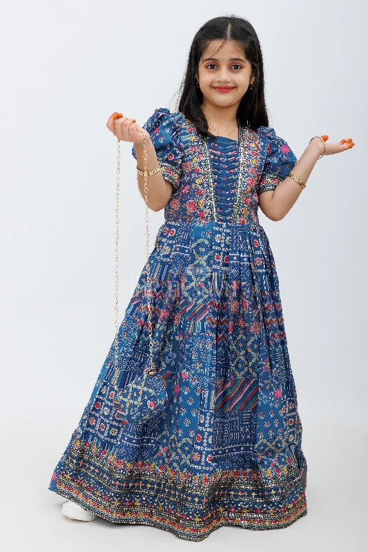 Relaxed Fashion Indigo Blue Ajrak Print Chinon Party Gown for Girls