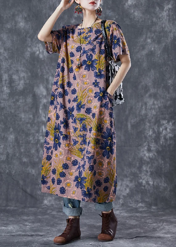 Women's Online Boutique Women Coffee O-Neck Floral Print Linen Long Dress Summer